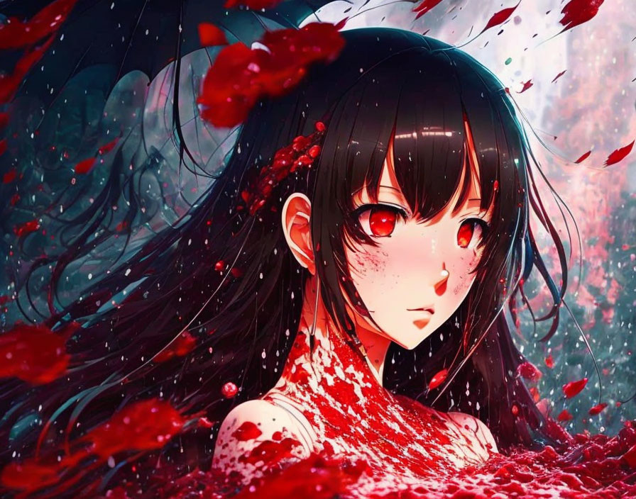 Black-haired girl with red eyes surrounded by swirling red petals and dark feathers.