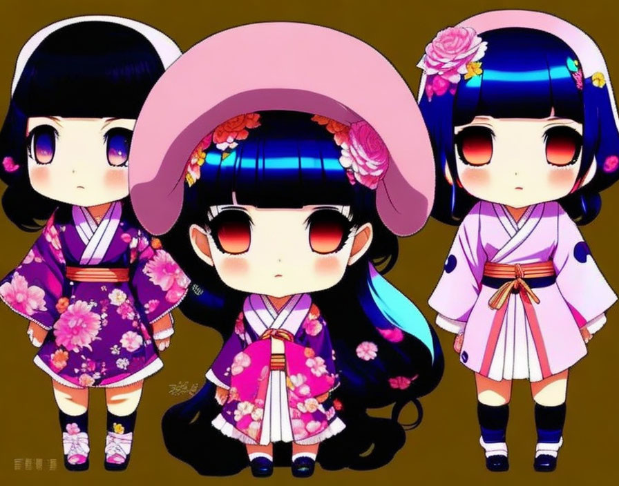 Colorful Chibi Characters in Kimonos with Traditional Japanese Hair Accessories