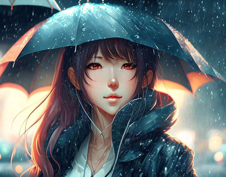 Digital Artwork: Girl with Large Eyes Holding Blue Umbrella in Rain