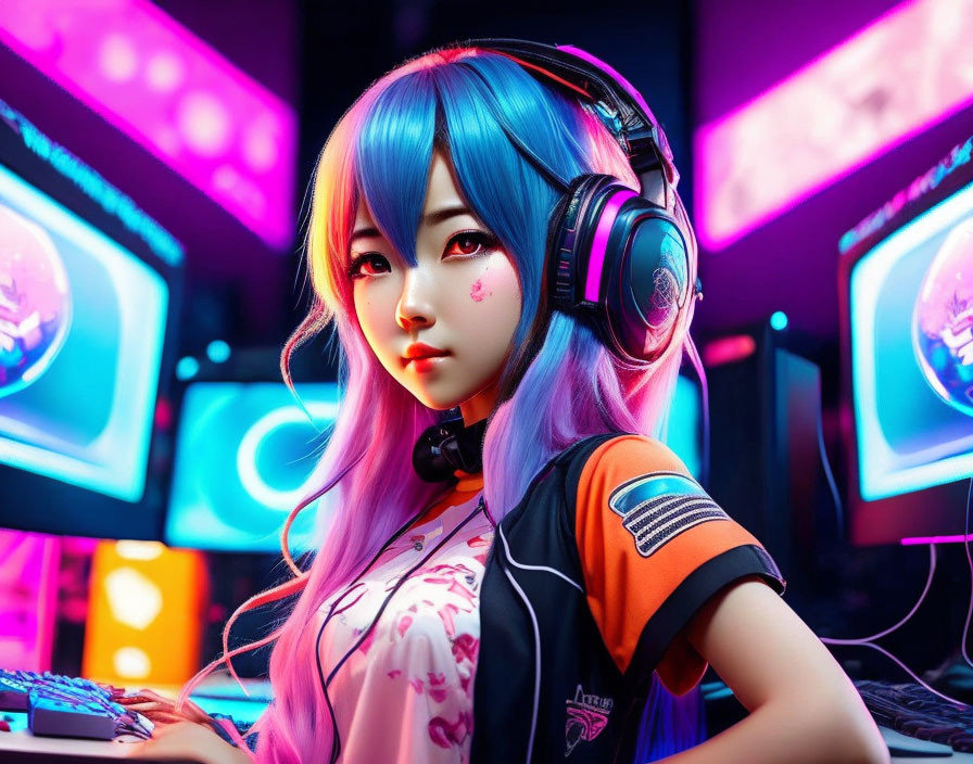 Blue and Purple-Haired Person with Headphones Surrounded by Neon Lights and Computer Screens