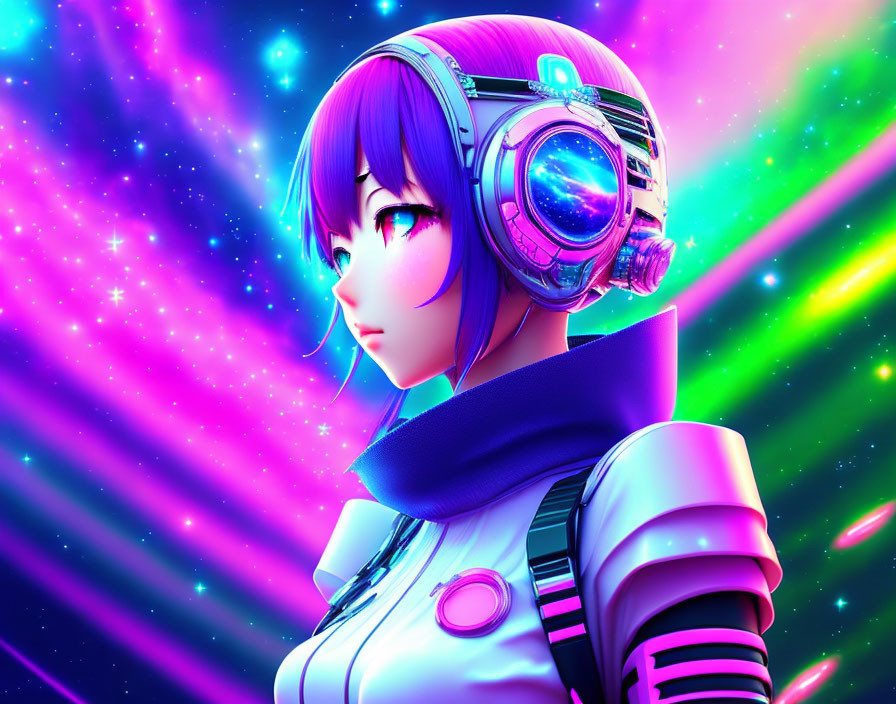 Colorful female figure with purple hair in futuristic helmet on neon starry background