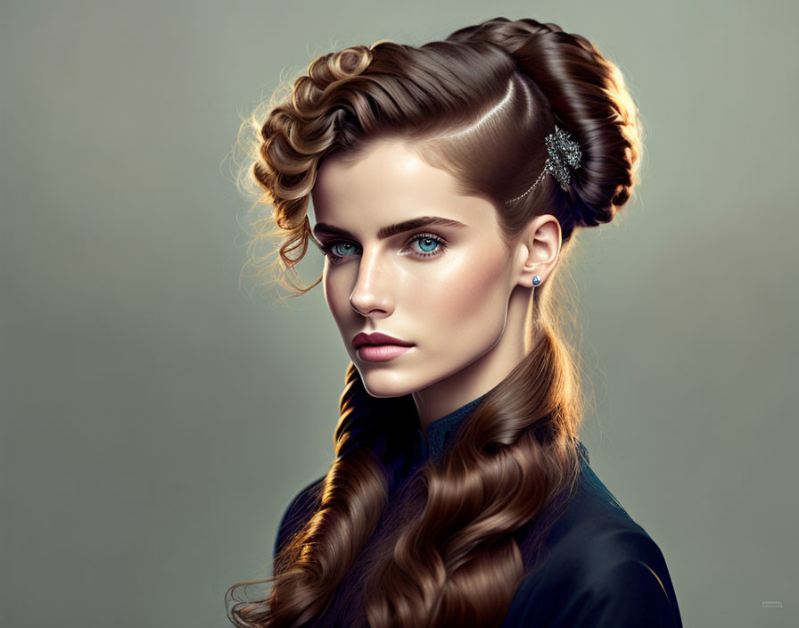 Digital artwork of woman with styled hair, blue eyes, dark top