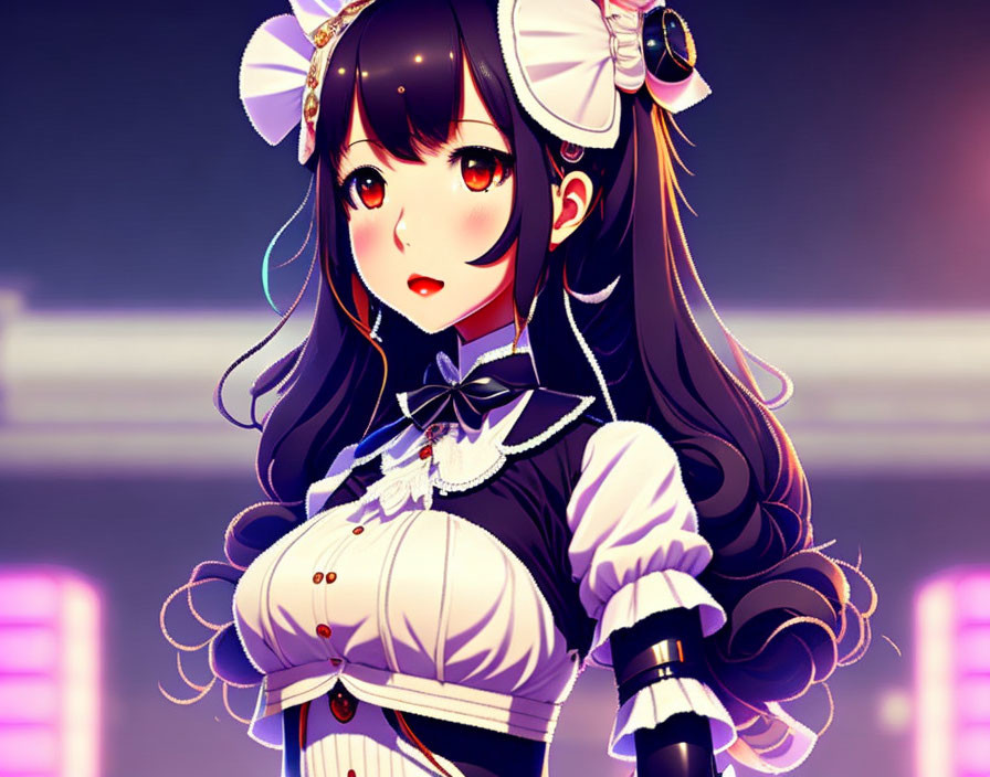 Female character with dark hair, red eyes, maid outfit, headphones