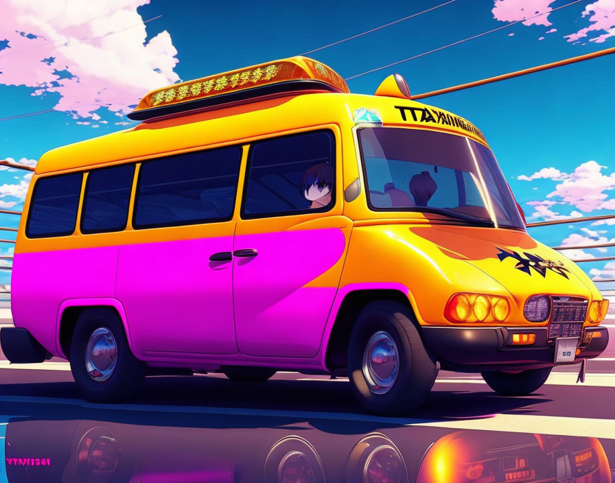 Colorful Animated Image of Pink and Yellow Van with Characters Under Blue Sky