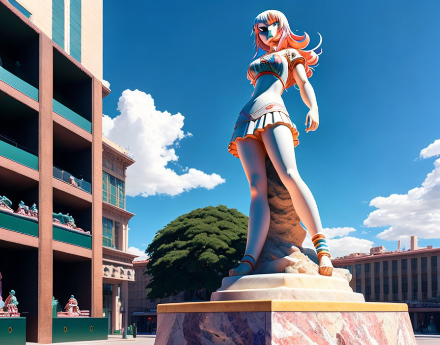 Anime-style female character statue with orange hair and white/blue outfit in urban plaza