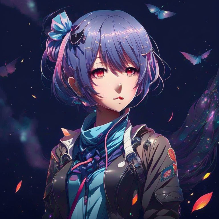 Stylized artwork of a girl with blue hair and red eyes in a night sky setting