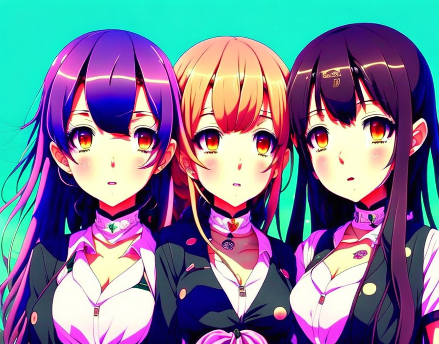 Colorful-haired Anime Girls in Matching Outfits on Teal Background