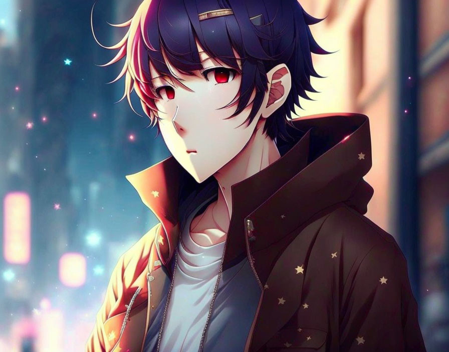 Anime-style character with dark hair and red eyes in brown star-patterned jacket against city backdrop.
