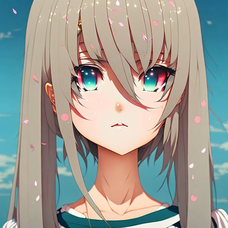 Anime girl with long light brown hair and teal eyes among cherry blossoms