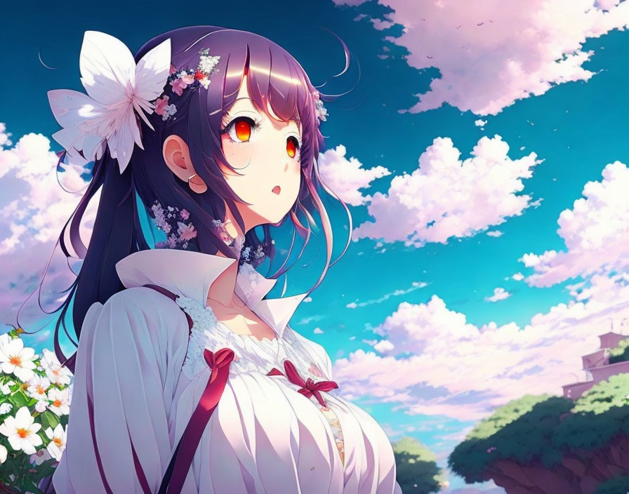 Anime girl with big amber eyes and dark hair in traditional white outfit against blue sky.