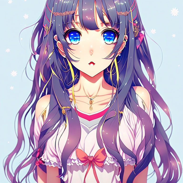 Anime character with long purple hair and starry headband in white and pink outfit