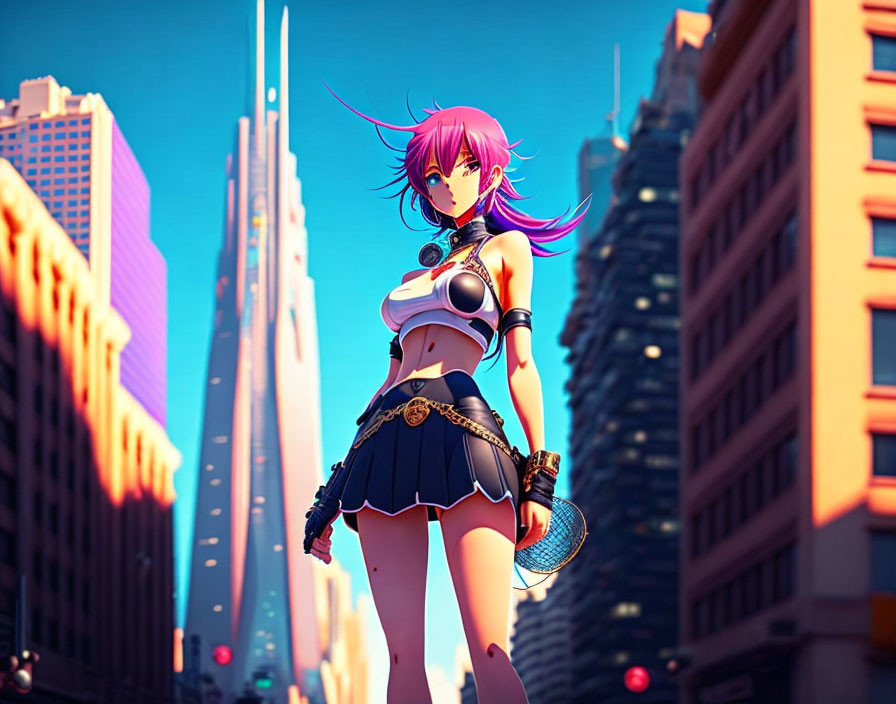Pink-haired animated female character in futuristic attire in sunlit cityscape.