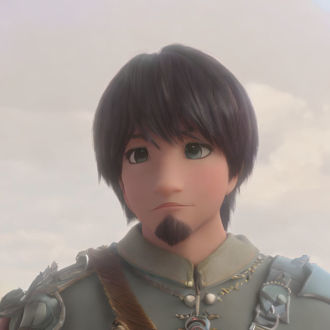 3D animated character with short brown hair, green eyes, small beard, military-style uniform.