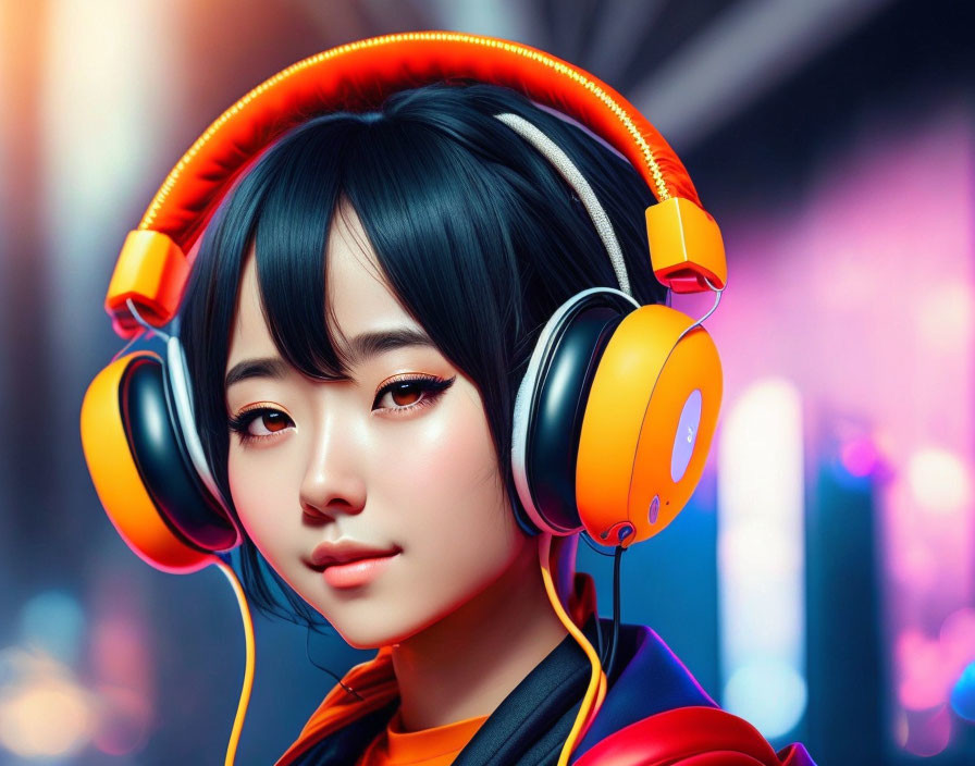 Digital artwork of girl with black hair and orange headphones against colorful cityscape.