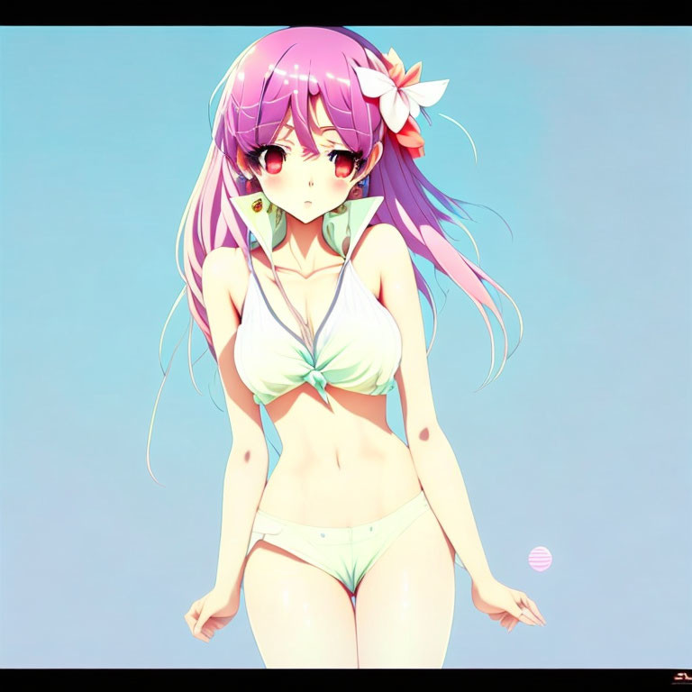 Stylized illustration of girl with purple hair and blue eyes in white bikini on soft blue background