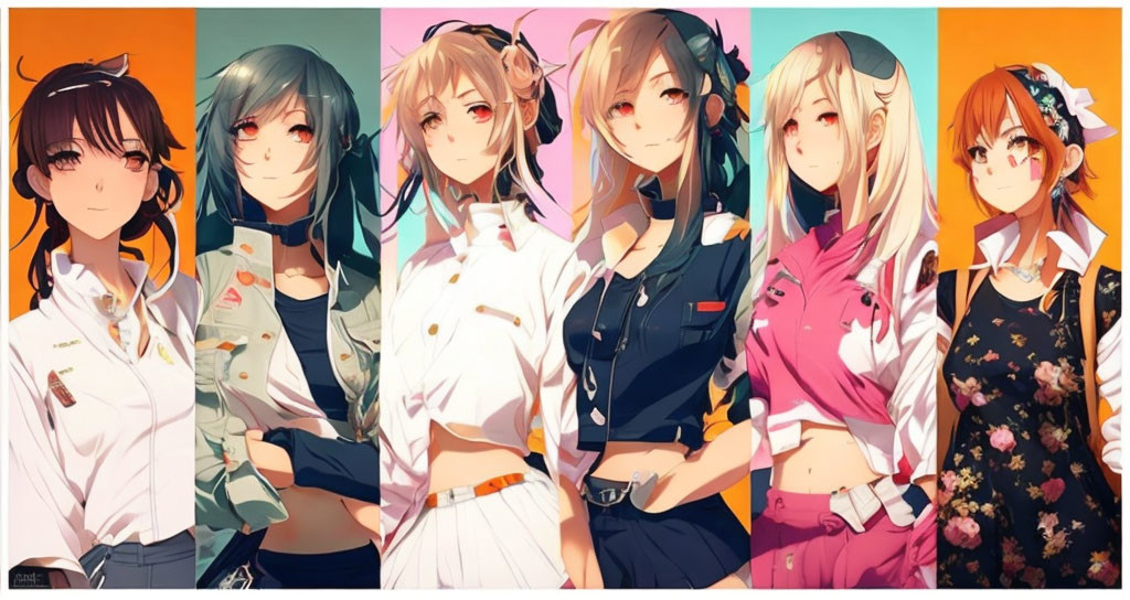 Six Stylized Anime Female Characters with Unique Hairstyles and Outfits