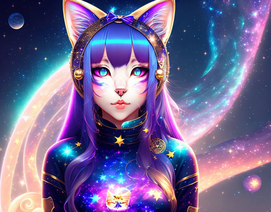 Colorful Female Anthropomorphic Cat with Purple Hair in Cosmic Theme