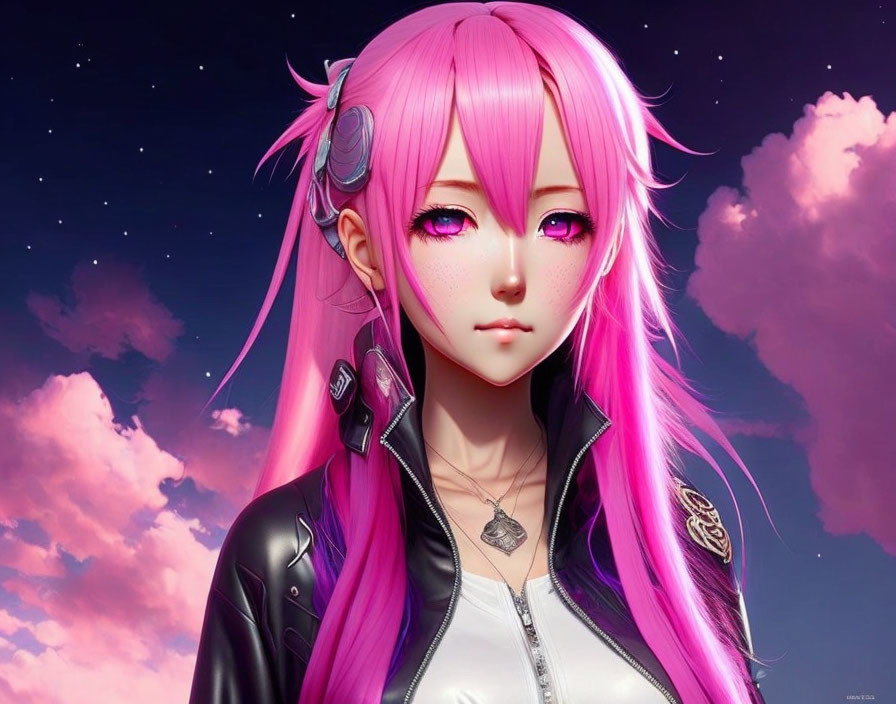 Bright Pink-Haired Female Character in Black Jacket and Headset Against Pink and Blue Sky