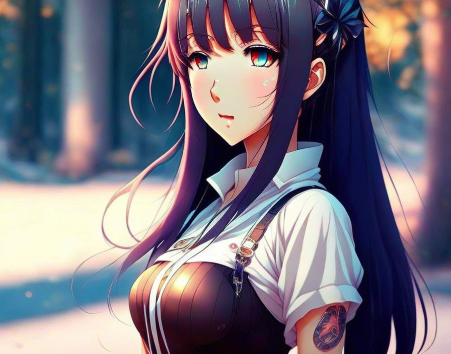 Anime girl with long dark hair, blue eyes, white shirt, jumper, and left arm tattoo.