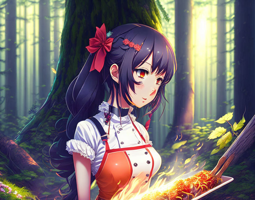 Anime-style girl in forest with sizzling dish and red apron