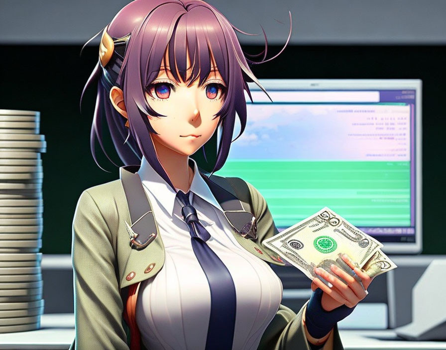 Purple-haired anime character with money and financial graphs on computer screen
