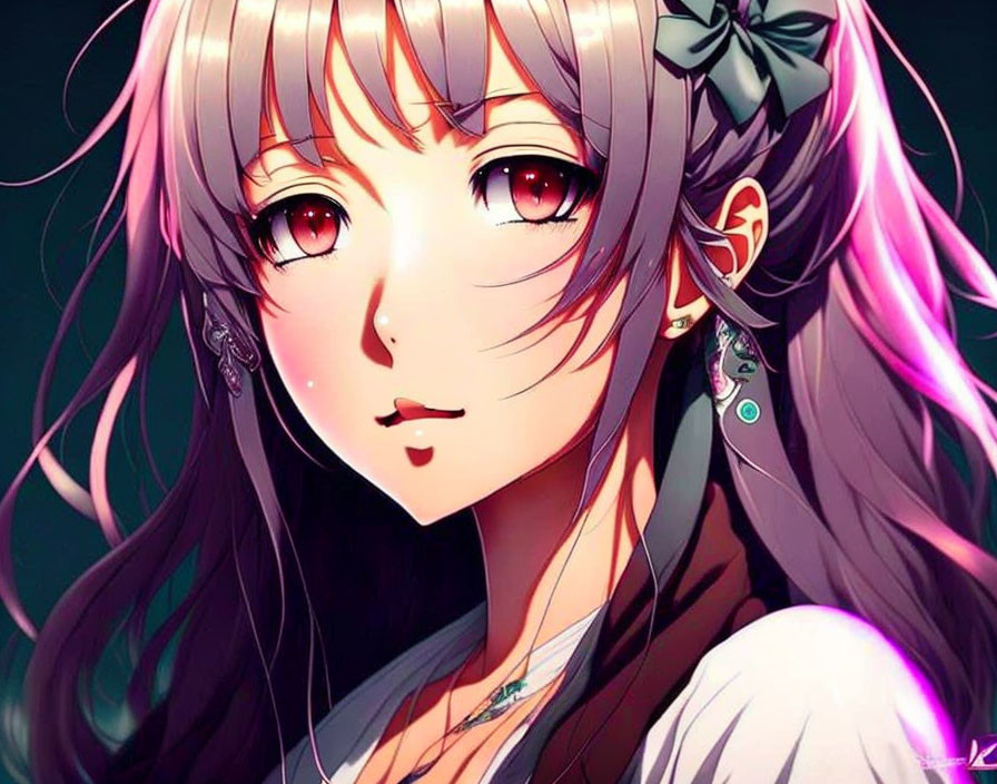 Anime-style girl with large red eyes, long wavy purple hair, and jewelry.