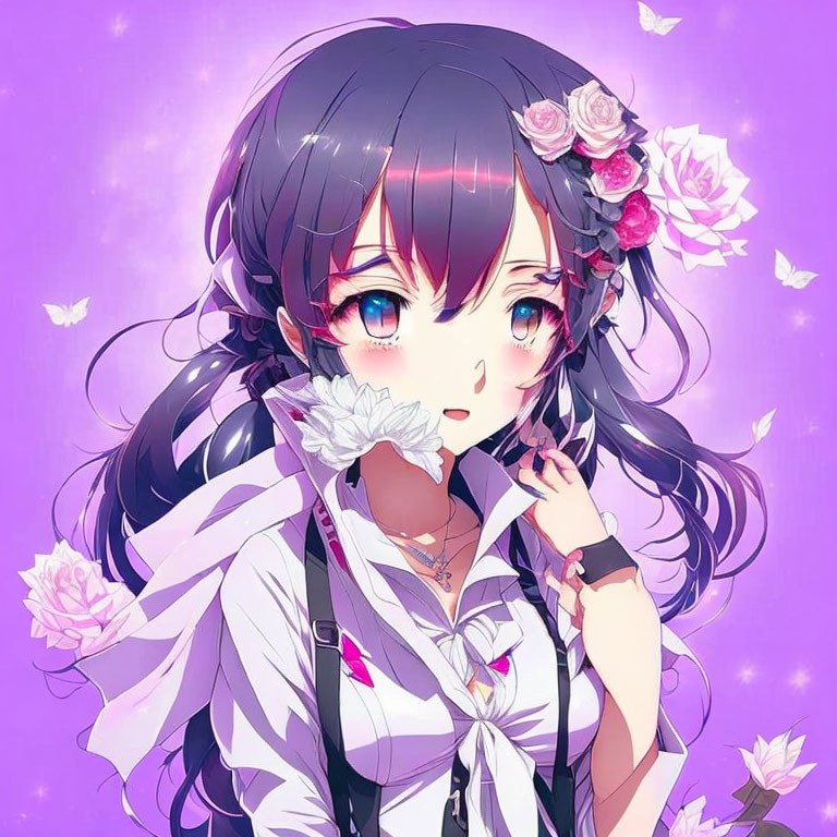 Long Black-Haired Anime Girl in White Blouse with Pink Flowers on Purple Background