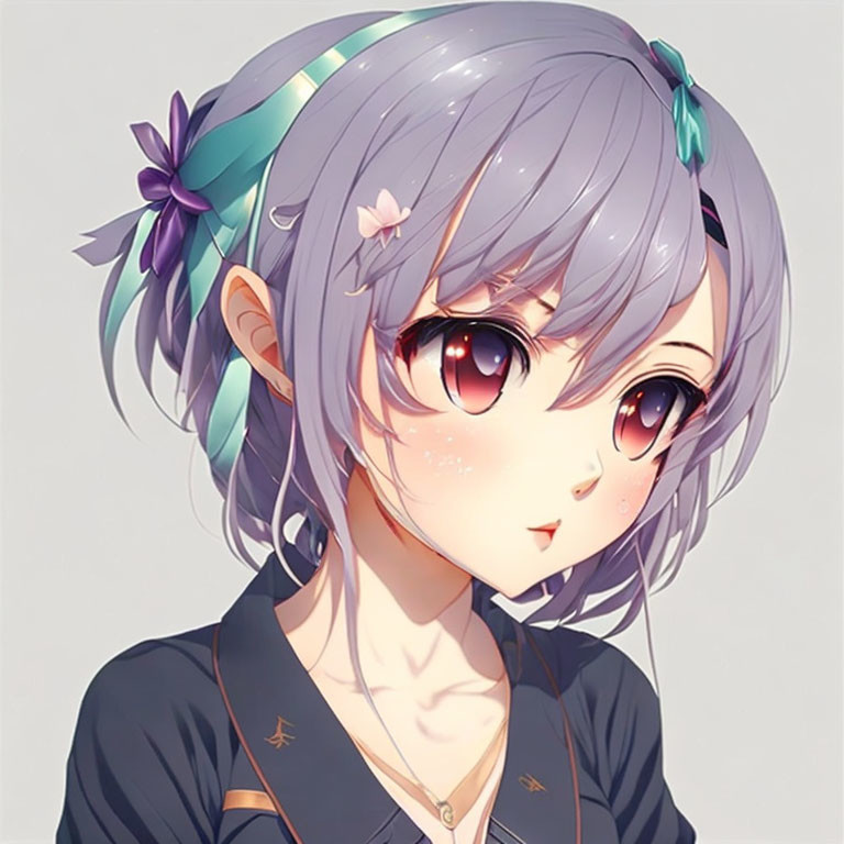 Anime-style female character with large brown eyes and short purple hair with flower clips