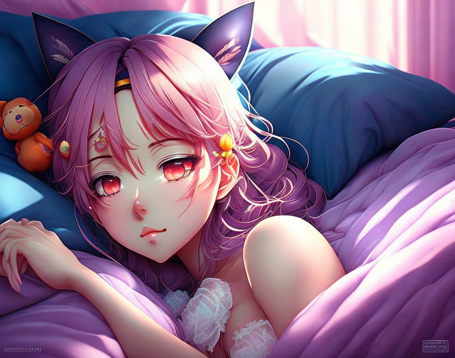 Pink-haired anime girl with cat ears in bed with teddy bear under soft lighting
