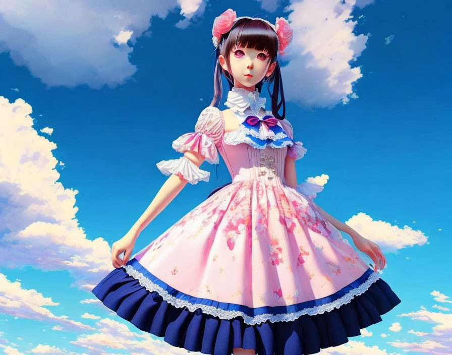 Anime-style girl in pink and blue dress with fluffy cloud backdrop