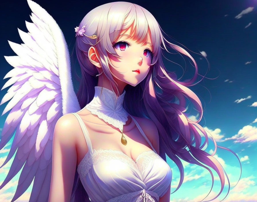 Character with White Angelic Wings and Pink Hair in White Dress against Blue Sky