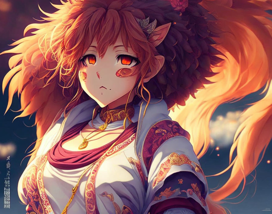 Voluminous fiery red hair and golden eyes on character in traditional clothing