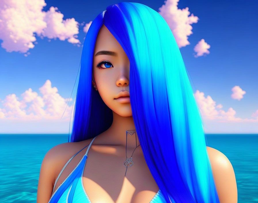  blue anime girl hair in swimsuit 