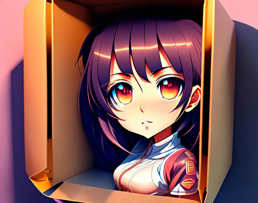 Anime girl with large amber eyes and purple hair in cardboard box under warm light