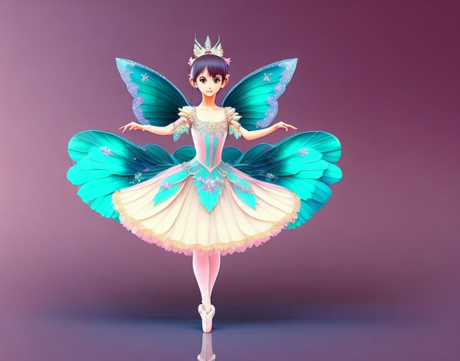 Female Anime Character with Turquoise Butterfly Wings and Elegant Dress on Purple Background