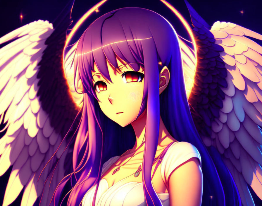 Purple-haired anime character with angel wings in golden halo and ambient light