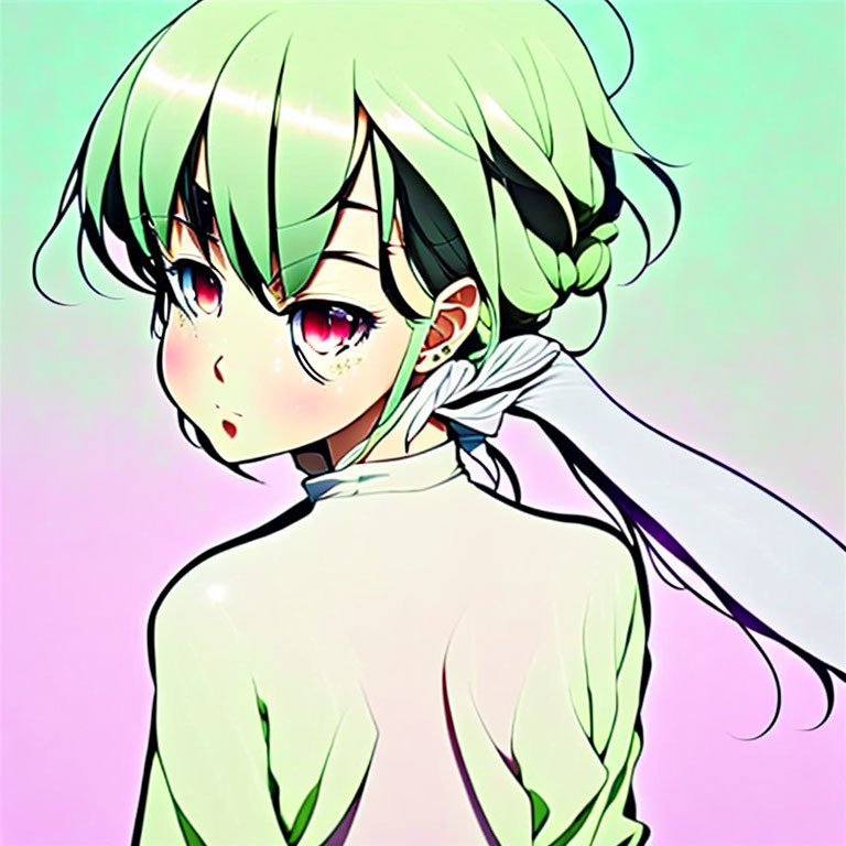 Detailed illustration of girl with green hair, pigtails, red eyes, and ear piercing on past