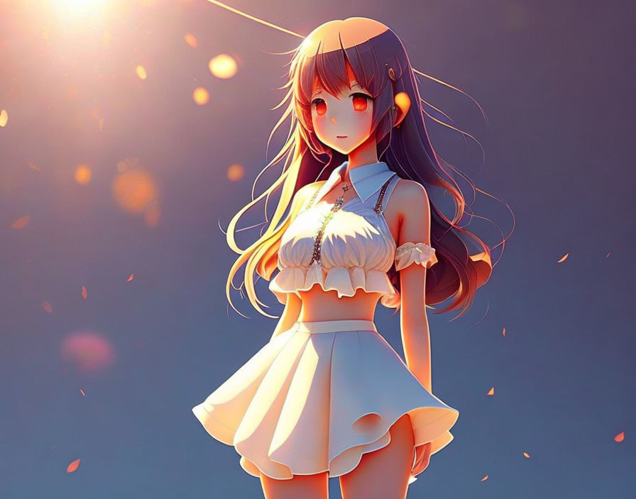 Digital artwork of anime girl in white dress with long hair under warm light