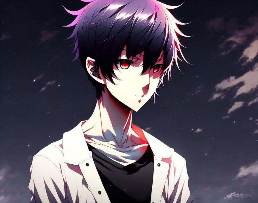 Anime character with red eyes and black hair in white jacket on starry night sky background