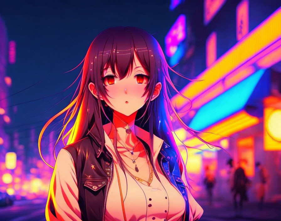 Dark-haired anime girl in jacket at neon-lit city dusk