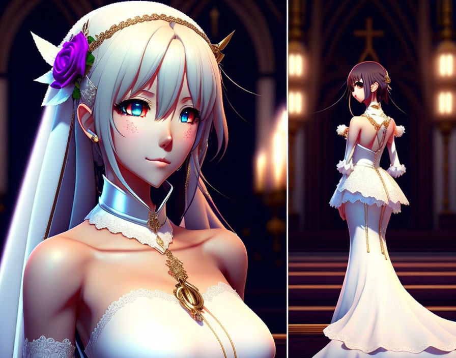 Stylized anime illustration of two brides in cathedral