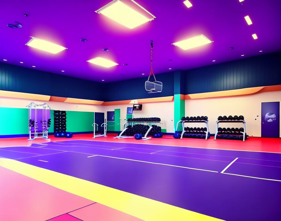 Colorful Indoor Gym with Dumbbells, Weight Racks, and Punching Bag