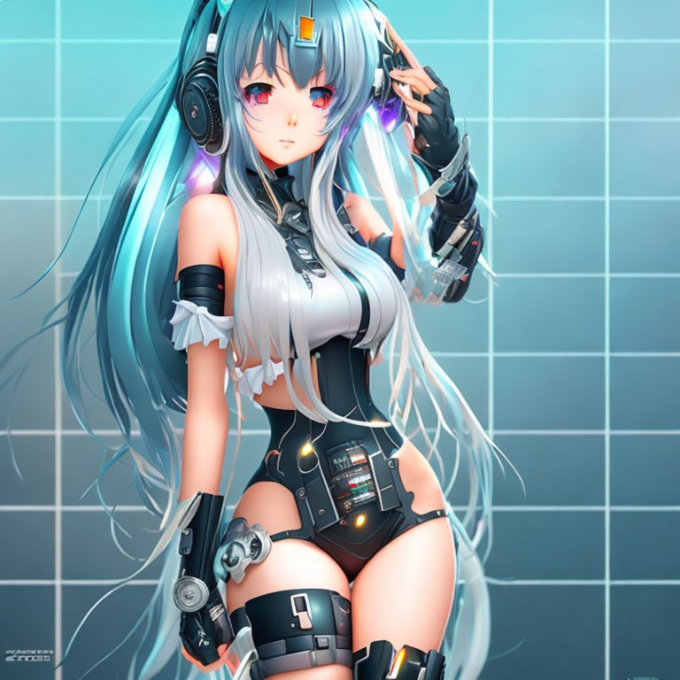 Futuristic blue-haired female android with headphones and cybernetic arm on grid background