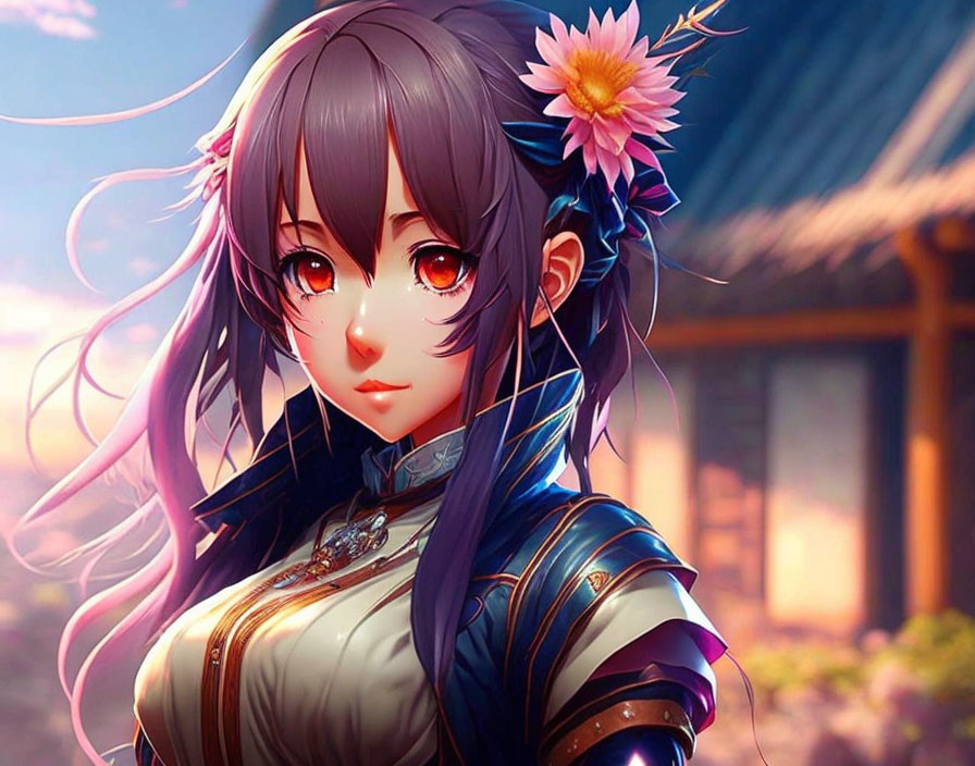 Purple-haired anime girl in traditional outfit with flowers, red eyes, sunset background
