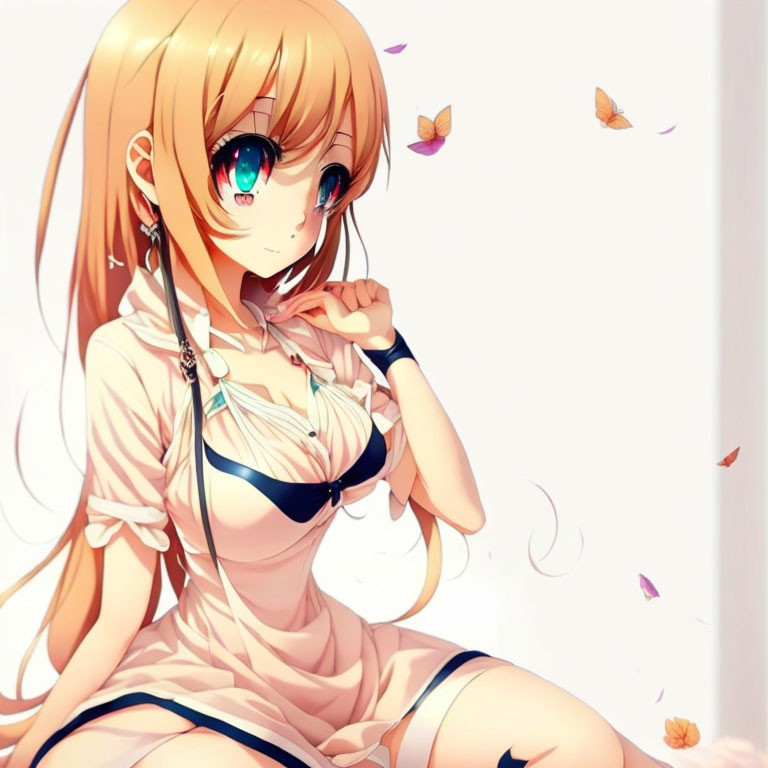 Blonde anime girl in white dress with green eyes and butterflies