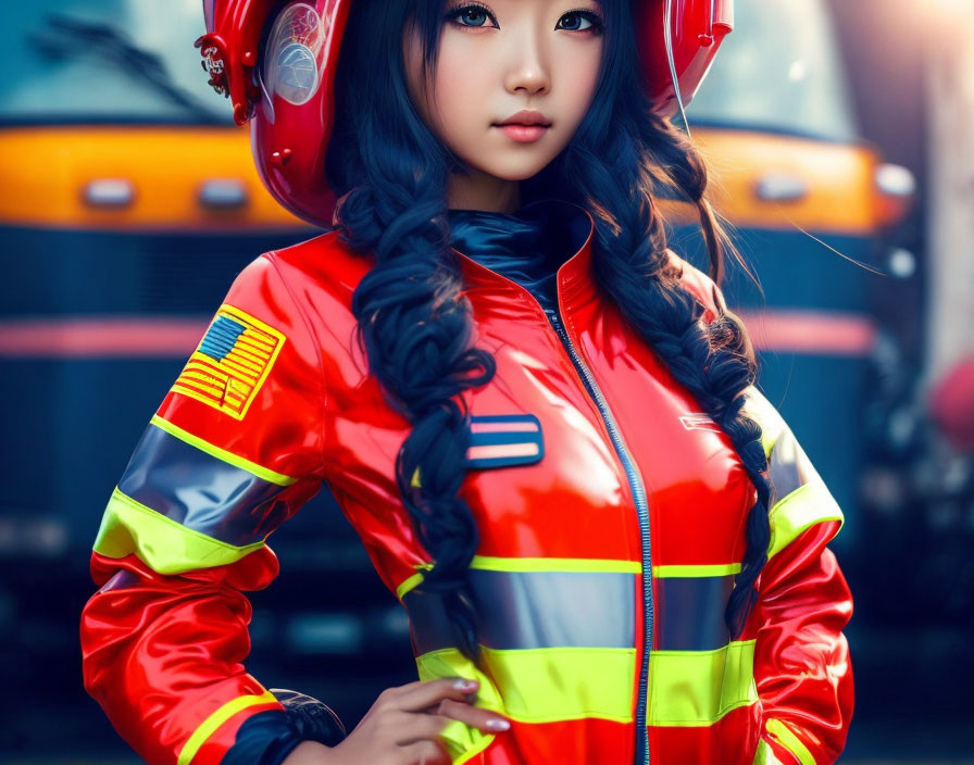 Person in Bright Red and Yellow Reflective Outfit with Headphones and Vehicle Background