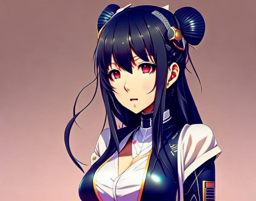 Anime girl with long black hair, red eyes, modern outfit, white/navy details, and hair