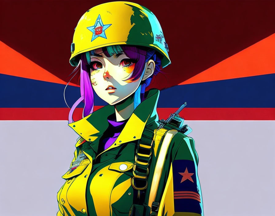 Stylized anime character in military uniform with helmet on red and blue background