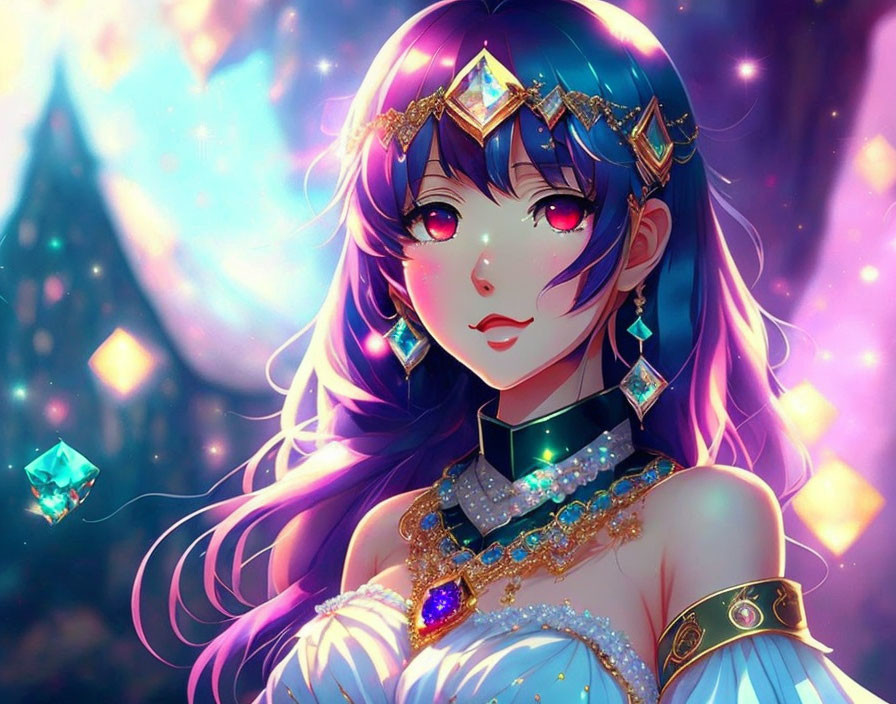 anime girl with gems and lots of diamonds