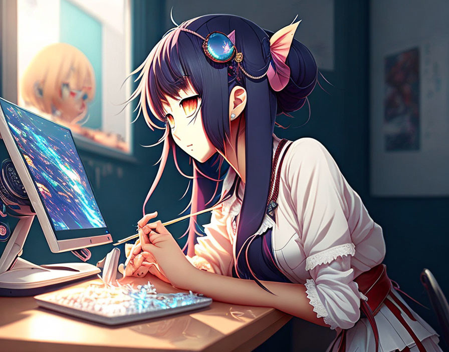 Dark Blue-Haired Anime Girl Drawing on Tablet with Bright Screens and Window